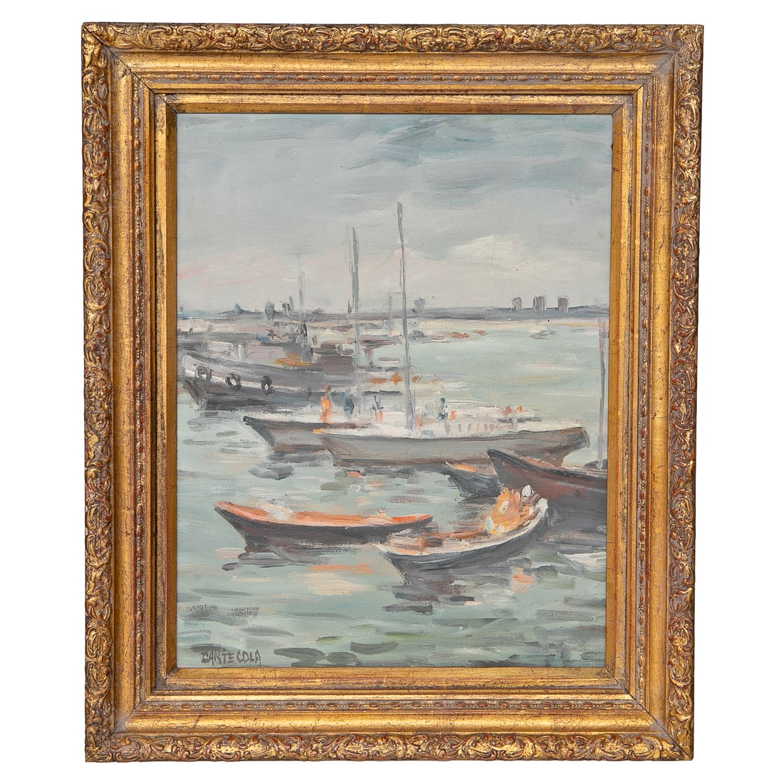 20th C. Dante Cola (1916-2005) Harbor Scene, Oil on Canvas: 20th C. Dante Cola (1916-2005) Harbor Scene, Oil on Canvas, Depicting Harbor Scene with Multiple Boats, Signed Lower Left, Housed in Gold Leaf Frame Featuring Floral Carved Border. 25" High, 20.25"