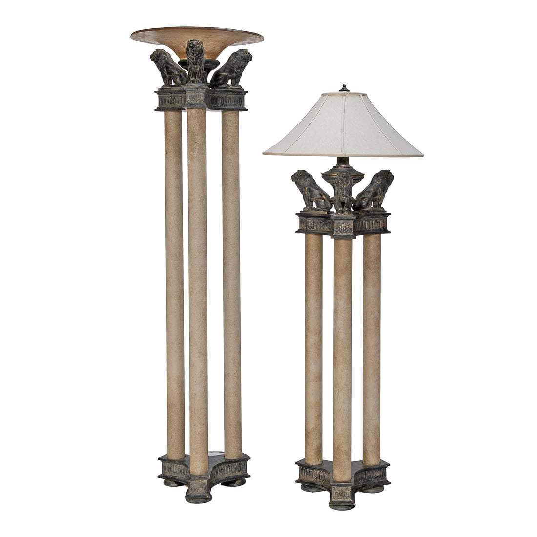 Cambridge Lamp Company Lion Torchere Lamps, Companion Pair: Cambridge Lamp Company Lion Torchere Lamps, Companion Pair, Includes One Torchere Having Three Tan Faux Finished Columns, One Center Support, Three Lions At Top Holding Amber Glass Open Shade,