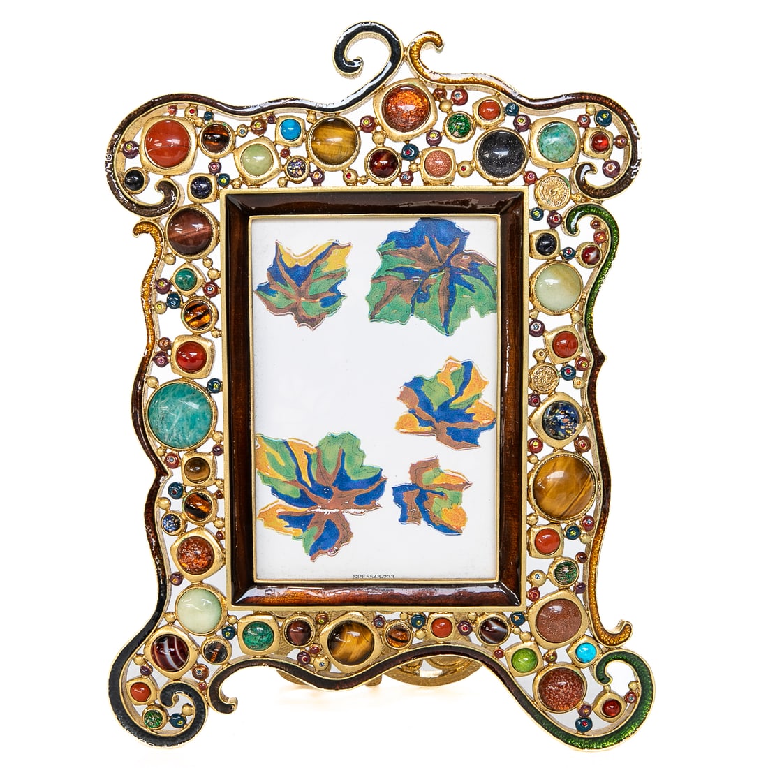 Vintage Jay Strongwater Frame: Vintage Jay Strongwater Frame, Having Multi Color Enamel Scroll Designs, Featuring Multi Color Circular Stones, Back Features Pierced Leaf Designs, Stand Also Features Circular Stones, 11" High, 9" Wi