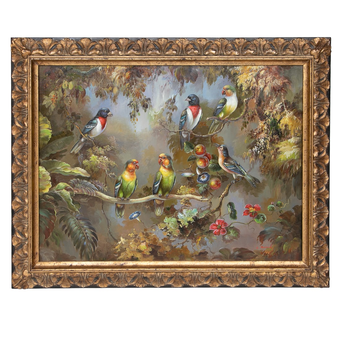 Tropical Scene, Oil on Canvas: Tropical Scene, Oil on Canvas, Depicting Multi Color Birds on Branches Surrounded by Fruits and Flowers Amid the Foliage, Signed Lower Right, Housed in Gold Leaf and Ebony Frame Featuring Leaf Carved