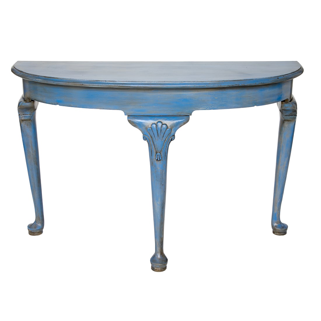 Vintage Queen Anne Style Demi Lune Console Table in Distressed Painted Blue Finish: Vintage Queen Anne Style Demi Lune Console Table in Distressed Painted Blue Finish, Shaped Apron, Resting on Three Cabriole Legs, Front Leg Features Carved Shell, Terminating in Pad Feet. 32.25" High,