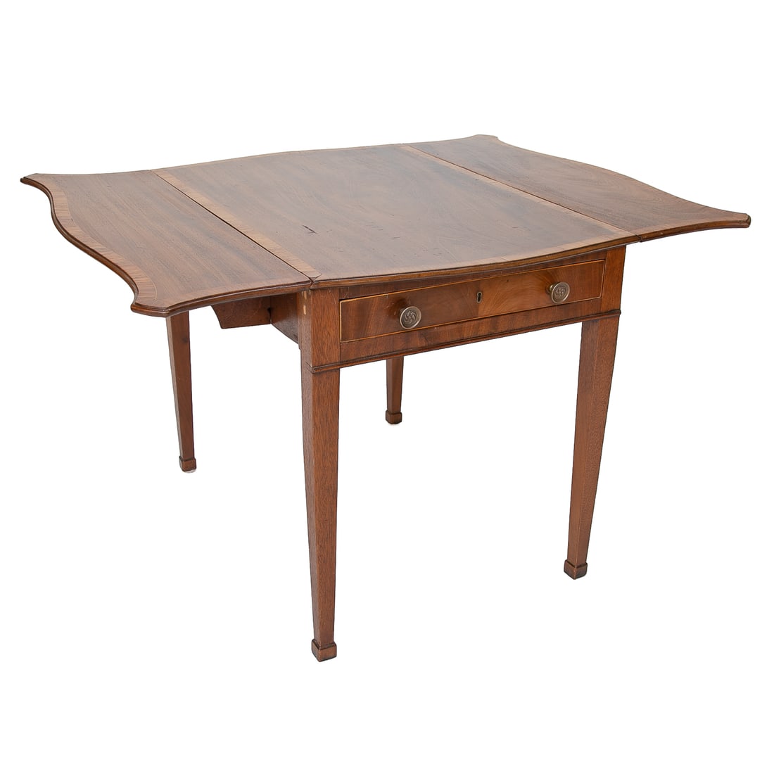Late 19th C. English Mahogany Pembroke Table: Late 19th C. English Mahogany Pembroke Table, Having Cross Banded Satinwood Edge, Shaped Drop Leaves, One Full Drawer with Brass Knob Pulls, Resting on Square Tapered Legs, Terminating in Spade Foot.