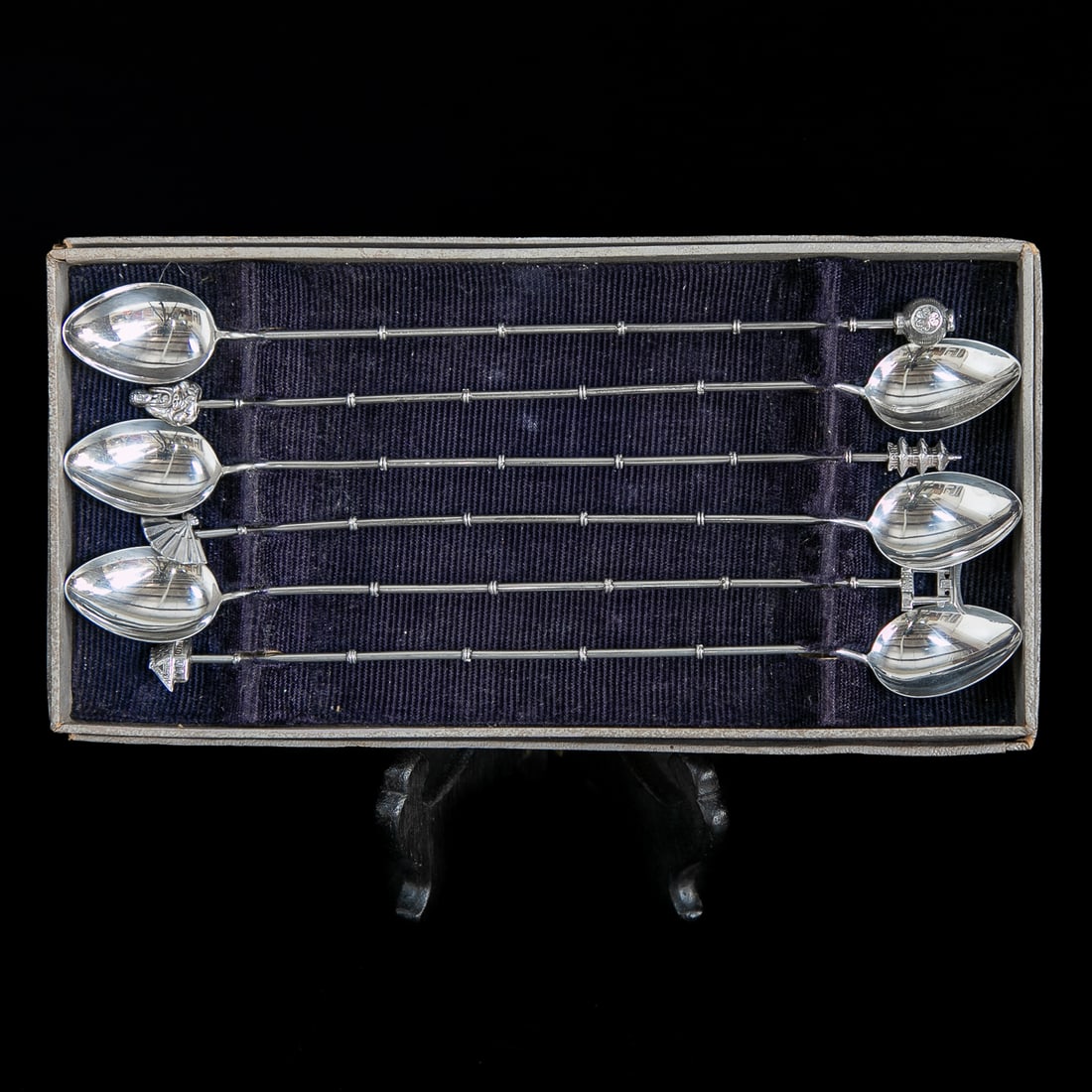 Set of Sterling Silver Chinese Themed Cocktail Spoons, Six Total: Set of Sterling Silver Chinese Themed Cocktail Spoons, Six Total, Having Bamboo Style Bodies, Ends Feature Buddha, Fan, Hut, Ginger Jar, Alter, and a Pagoda. 1" Wide, 8" Long