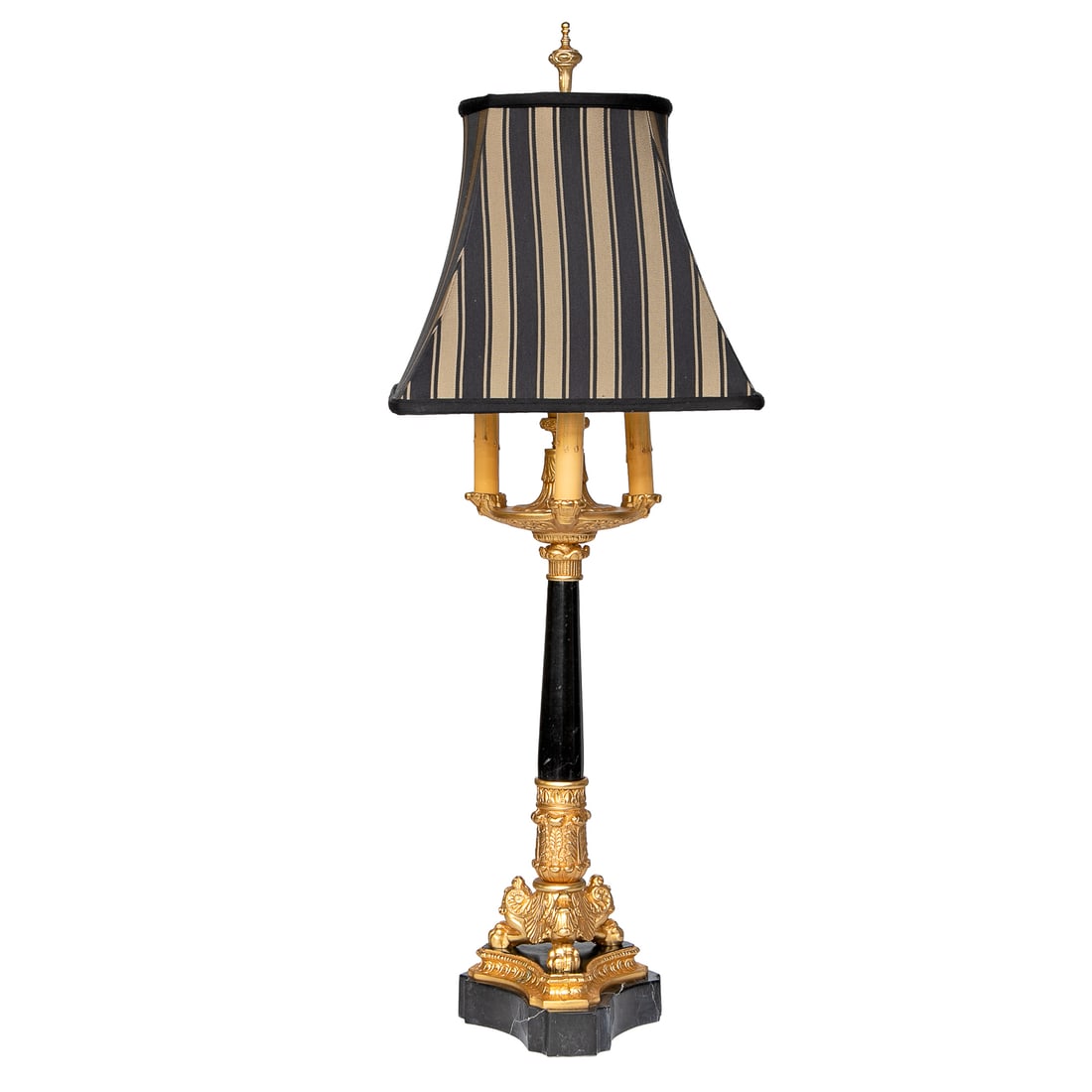Ebony Marble and Gilt Metal French Empire Style Table Lamp: Ebony Marble and Gilt Metal French Empire Style Table Lamp, Having Three Gilt Branches Featuring Faux Candlesticks, Tapered Ebony Marble Center Support, Gilt Metal Triangular Shape Bottom Featuring Sc