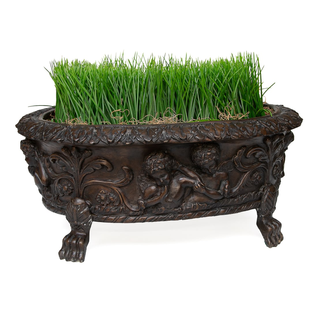 Footed Bronze Oval Planter: Footed Bronze Oval Planter, Having Acanthus Leaf Design Top Edge, Two Putti Center of Front and Back, Flanked by Leaf and Floral Designs, Rope Design Bottom Edge, Resting on Paw Feet, Accompanied by F