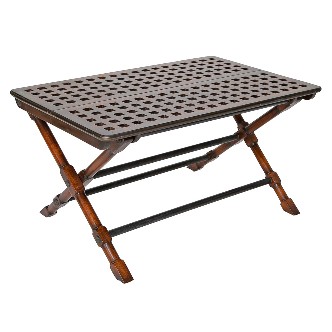 Unique Vintage Acacia Wood Folding Luggage Rack: Unique Vintage Acacia Wood Folding Luggage Rack, Having Pierced Square Top, Turned X Frame Side Supports, Metal Support Rods, Would Make a Fabulous Coffee Table, Folds Up. 20.25" High, 38" Wide, 24.25