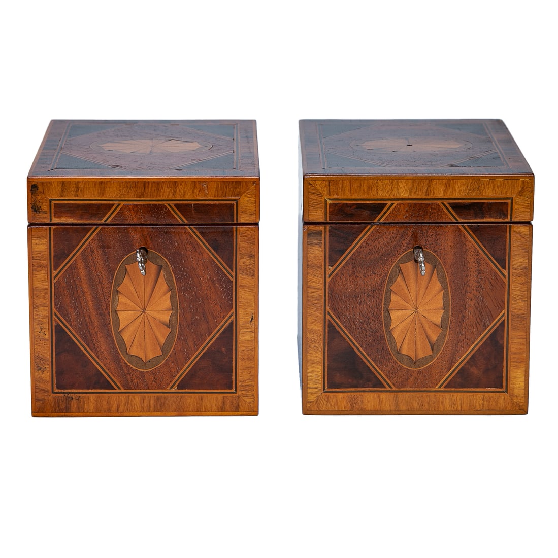 Vintage English Bench Made Reproduction Inlaid Tea Caddies, Pair (1 of 9)
