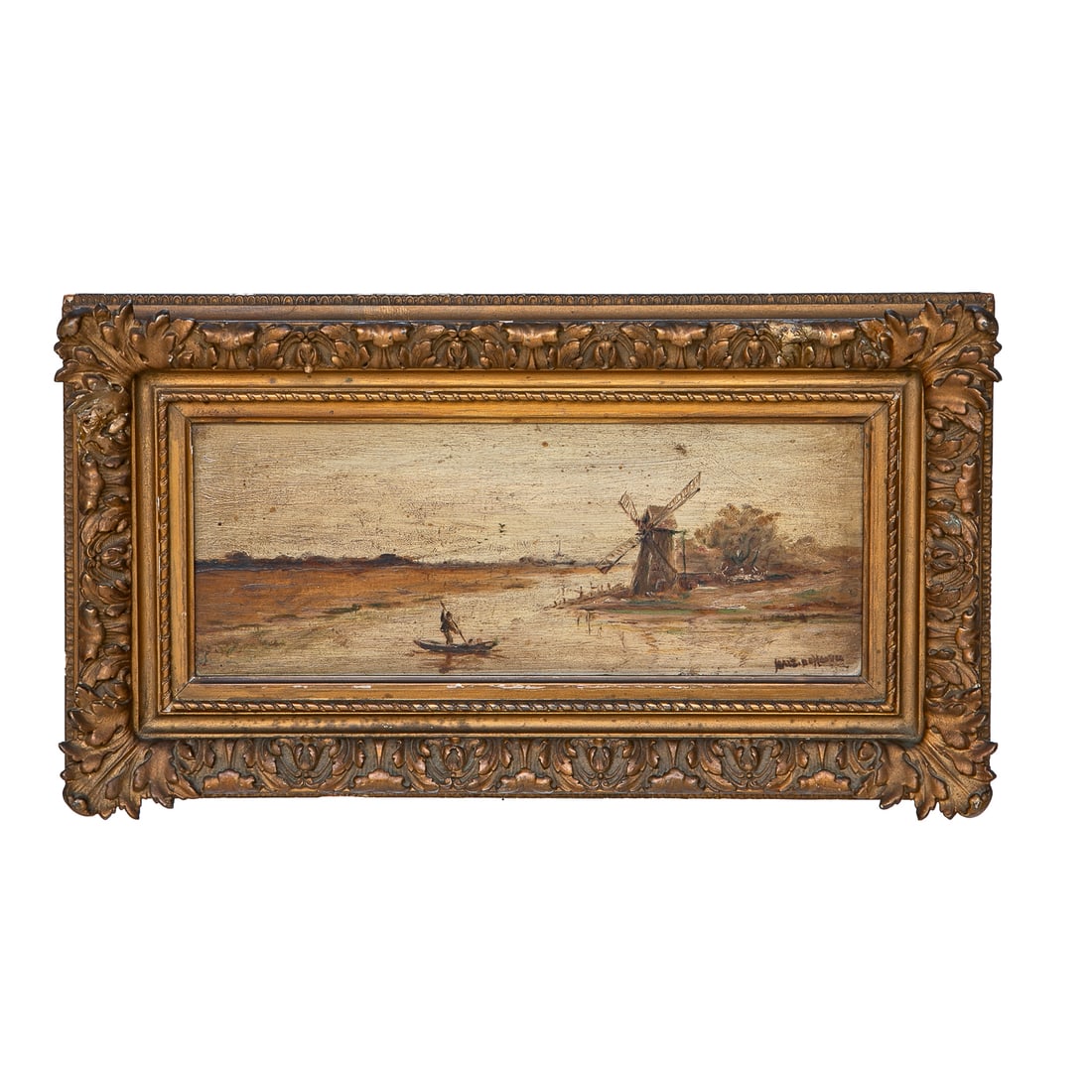 Antique Dutch Canal Scene, Oil on Artist Board: Antique Dutch Canal Scene, Oil on Artist Board, Depicting Man in Boat Approaching Wind Mill, Signed Lower Right, Housed in Gold Leaf Frame Featuring Acanthus Leaf and Rope Carved Details. 10" High,