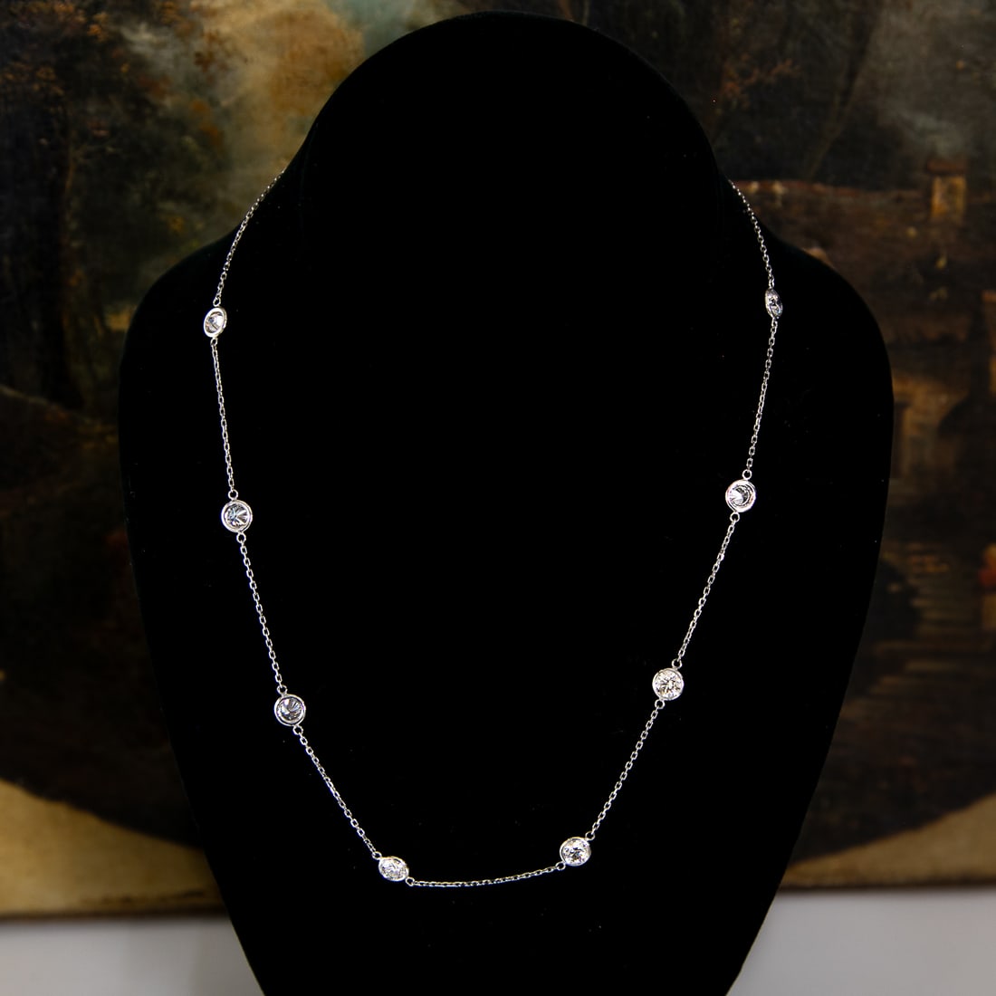 17 Inch 14K White Gold Natural Diamond Station Necklace: 17 Inch 14K White Gold Natural Diamond Station Necklace, Consisting of Eight (8) Natural Round Brilliant-Cut Diamonds Weighing 4.00 Carats. Diamonds are I in Color and VS in Clarity. Necklace Weighs