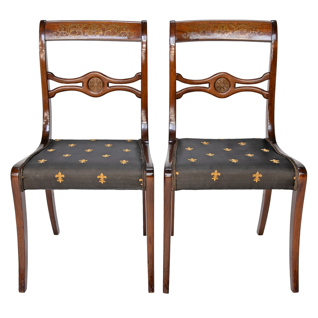 Late 19th/Early 20th C. English Mahogany Regency Style Side Chairs, Pair: Late 19th/Early 20th C. English Mahogany Regency Style Side Chairs, Pair, Having Brass Inlaid Top Rails Featuring Floral and Leaf Designs, Shaped Double Back Support Featuring Brass Inlay Center,