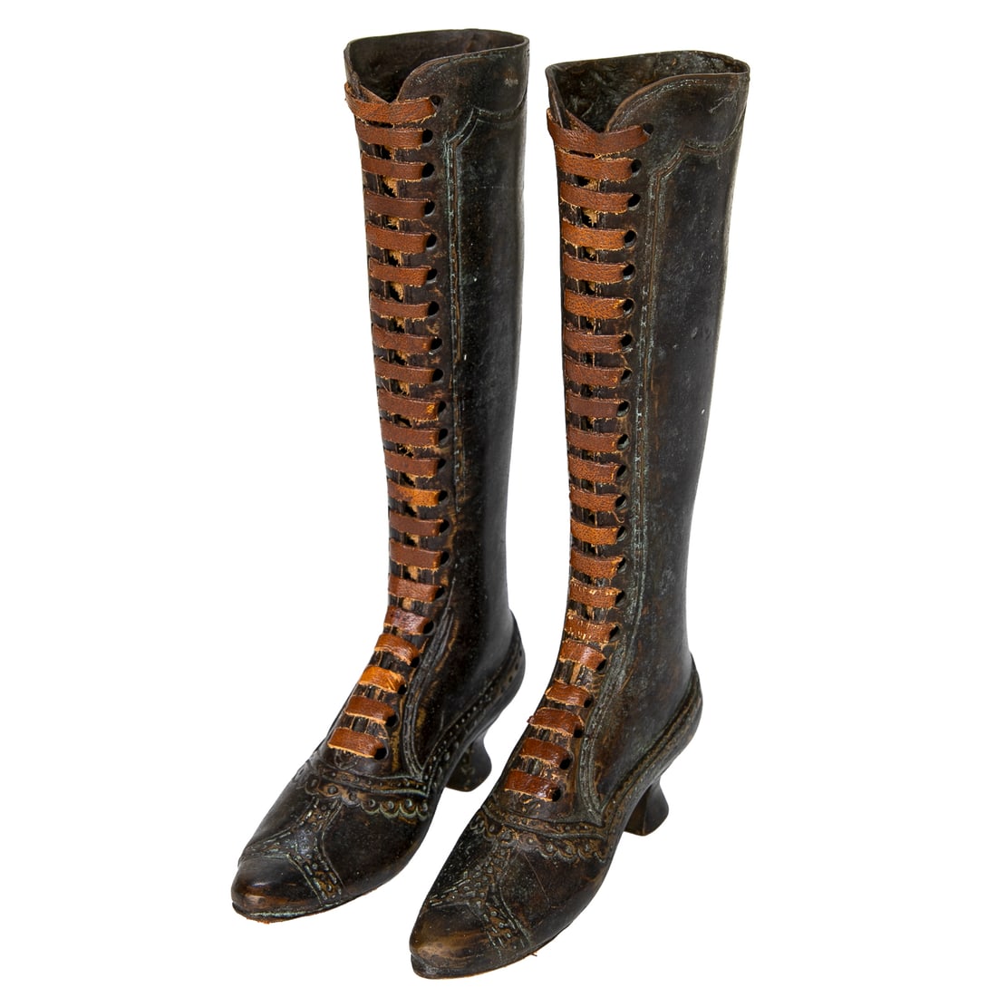 Antique Victorian Ladies Piedmont Style Boot Forms for Used Mercantile Store Display, Pair: Antique Victorian Ladies Piedmont Style Boot Forms for Used Mercantile Store Display, Pair, Having Bronze Form Accented with Leather Laces and Soles, One Left Boot and One Right Boot. 9.75" High, 2"