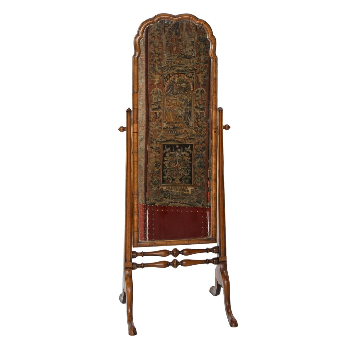 Late 19th/Early 20th C. English Walnut Queen Anne Style Cheval Mirror: Late 19th/Early 20th C. English Walnut Queen Anne Style Cheval Mirror, Having Shaped Top, Fluted Side Supports, Double Turned Lower Support, Resting on Cabriole Legs. 59" High, 21" Wide, 19.5" Deep