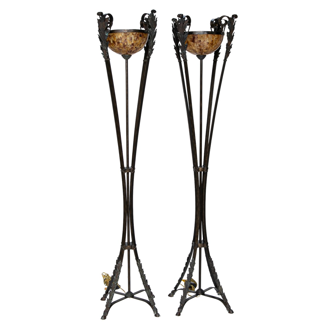 Vintage Maitland-Smith Metal and Pen Shell Torcheres, Pair: Vintage Maitland-Smith Metal and Pen Shell Torcheres, Pair, Discontinued, Having Four Square Side Supports, Featuring Acanthus Leaf and Scroll Form Tops, Pen Shell Bowls Emit Wonderful Warm Light,