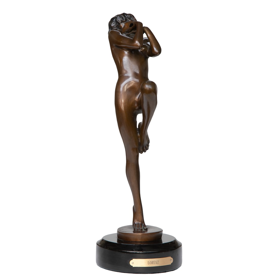 Art Deco Josef Lorenzl (Vienna, Austria, 1892-1950) Re Cast Bronze Sculpture of Nude, Titled Cleo: Art Deco Josef Lorenzl (Vienna, Austria, 1892-1950) Re Cast Bronze Sculpture of Nude, Titled Cleo, Depicting Nude Female Standing Looking Over Shoulder, Arms Folded, Leg Bent, Resting on Ebony Marble