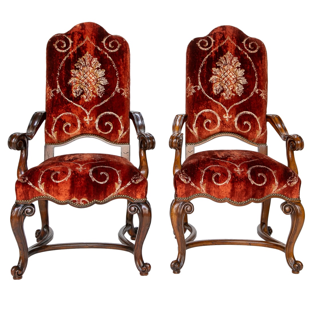 Vintage Maitland-Smith Italian Style Arm Chairs, Pair: Vintage Maitland-Smith Italian Style Arm Chairs, Pair, Discontinued, Having Warm Walnut Finish, Triple Dome Shape Top Rail, Scroll Form Arms, Shaped, Apron, Resting on Cabriole Legs, Terminating in