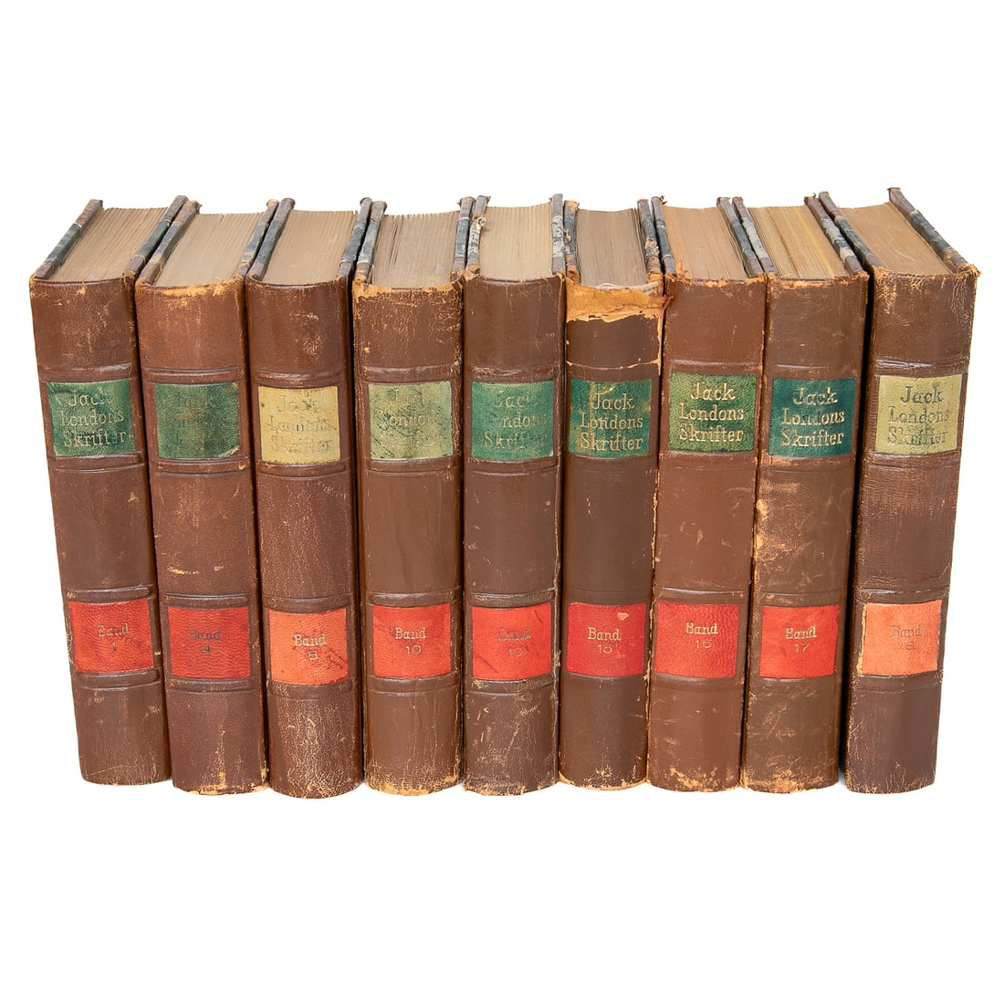 Collection of Jack London Skrifter Leather Bound Novels, Nine Total Volumes: Collection of Jack London Valda Skrifter Leather Bound Novels, Nine Total Volumes, Includes 1, 4.8.10, 10, 10, 16, 17,18, 1927, Having Leather Spines Featuring Red and Emerald Green Accents and Gold