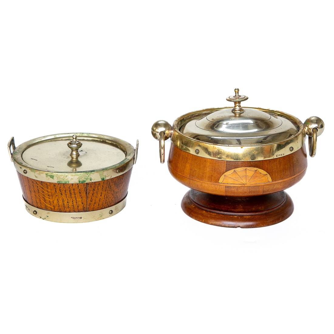 Late 19th C. English Oak and Silver Decorative Items, Two Total: Late 19th C. English Oak and Silver Decorative Items, Two Total, Includes Oak and Henry Wilkinson & Co. Sheffield Silver Plated Butter Dish Having Original Cream Ware Liner, 2.5" High, 5" Diameter; Al