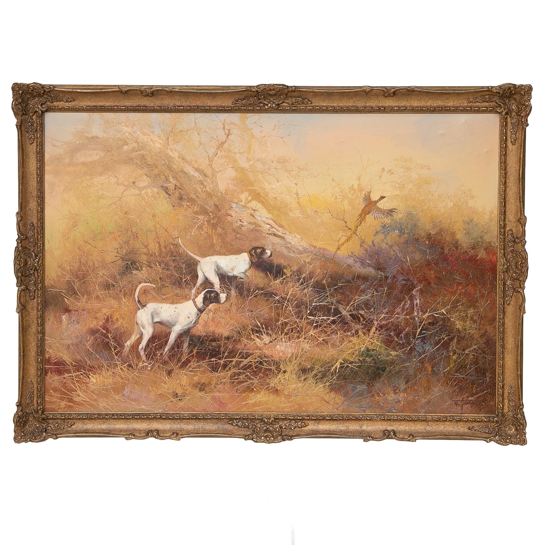 Pheasant Hunt Scene, Oil on Canvas: Pheasant Hunt Scene, Oil on Canvas, Depicting Two Pointers Ready For Pheasant, Signed Lower Right, Housed in Distressed Gold Leaf Frame Featuring Carved Corners and Centers. 28" High, 40" Wide, 1.5" D