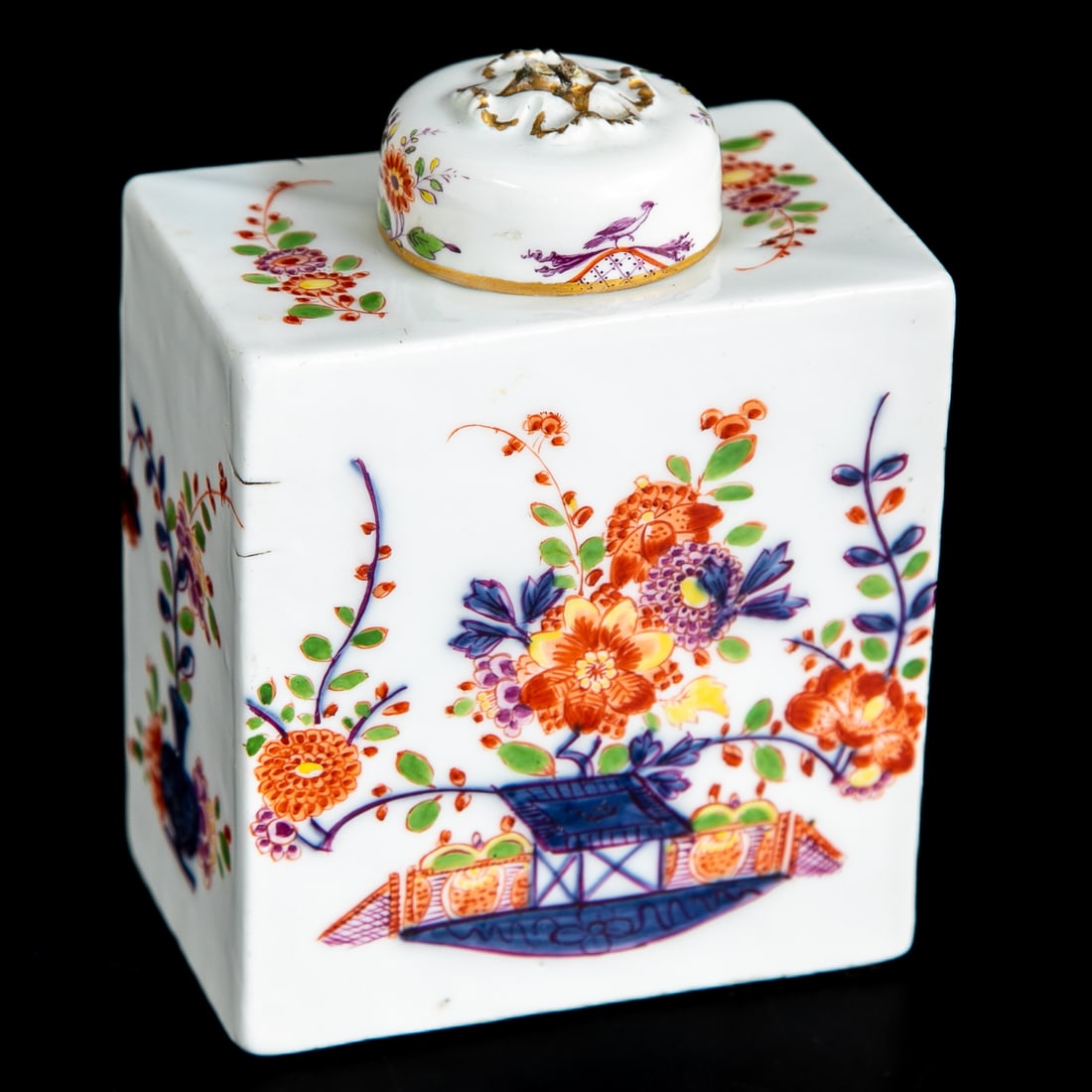 Late 18th/Early 19th C. German Meissen Tischenmsuter Porcelain Rectangular Tea Caddy with Cover: Late 18th/Early 19th C. German Meissen Tischenmsuter Porcelain Rectangular Tea Caddy with Cover, Sides Feature Multi Color Floral Designs, Front and Backs Feature Multi Color Floral Designs Atop