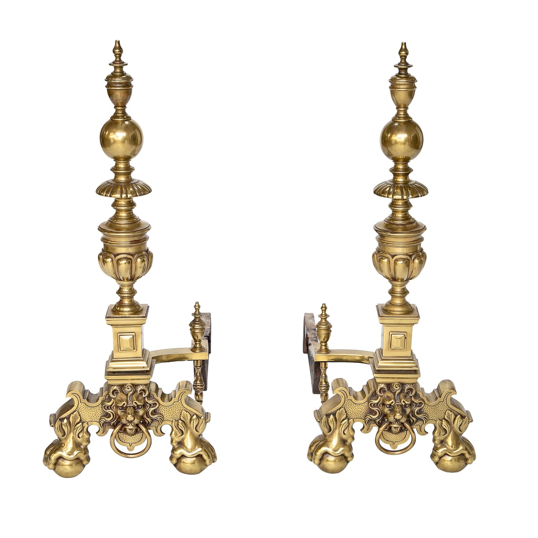 Antique English Style Turned Brass Andirons, Pair (1 of 8)