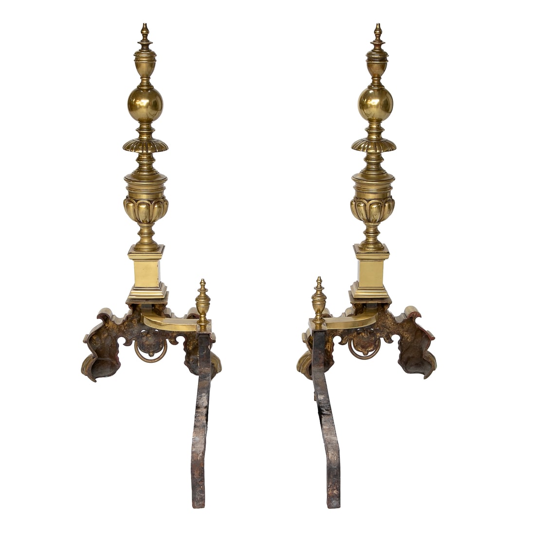 Antique English Style Turned Brass Andirons, Pair - 4