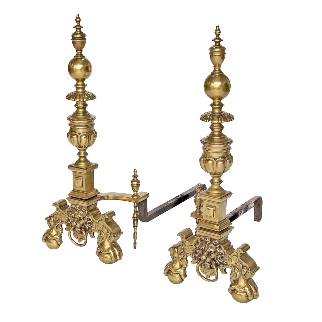 Antique English Style Turned Brass Andirons, Pair - 6