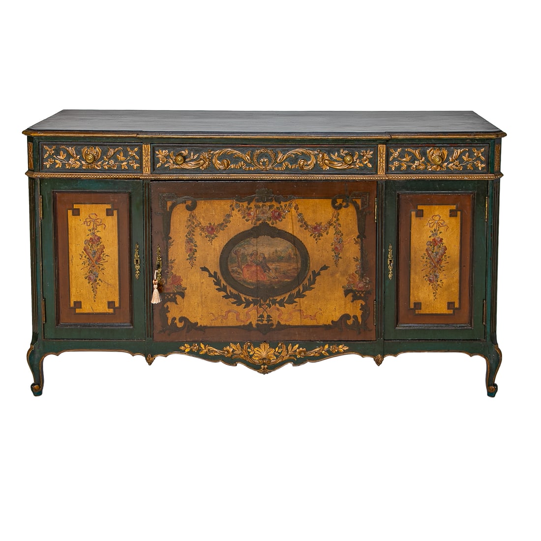 Late 19th C. Painted Italian Style Shaped Front Credenza: Late 19th C. Painted Italian Style Shaped Front Credenza, Having Painted Wood Finish Top, Painted Gold Edges, Green Painted Body, One Full Drawer Flanked by Two Smaller Drawers, All Having Brass Knob