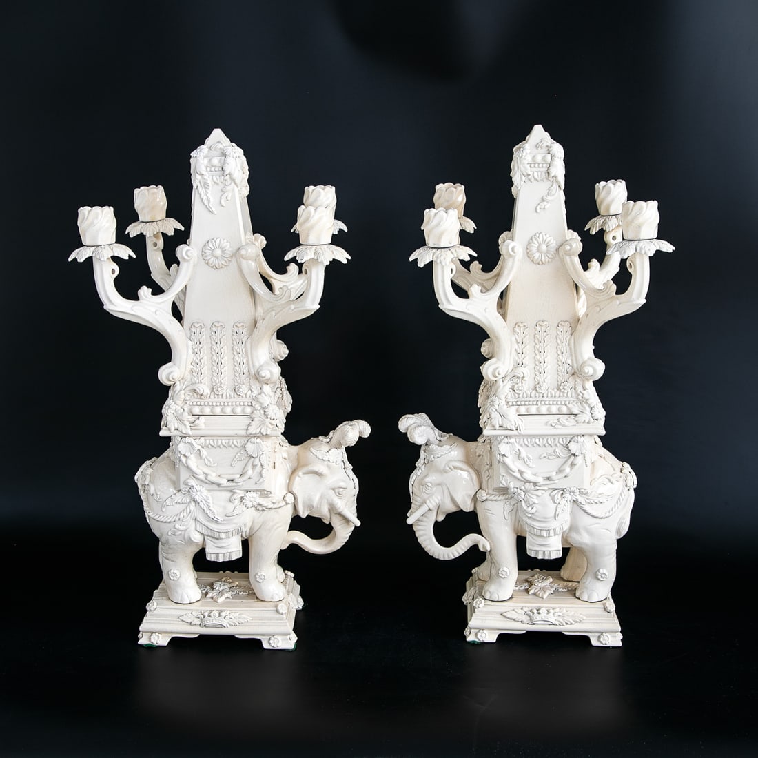 Unique Peter Weldon Staffordshire Creamware Elephant Candelabra, Pair: Unique Peter Weldon Staffordshire Creamware Elephant Candelabra, Pair, Having Obelisk Shape Tops Featuring Four Branches Attached to Obelisk, Flower Form Cups, Leaf Form Bobeches, Atop Dressed