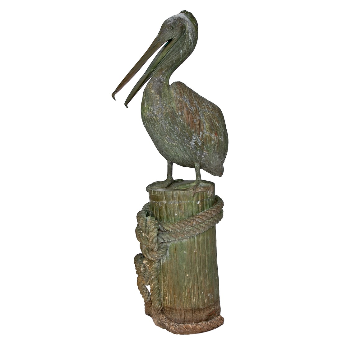 Incredible Verde Bronze Pelican Statue: Incredible Verde Bronze Pelican Statue, Depicting Pelican Standing on Piling Pier Post Form, Feet Wrapped Around Top, Post Wrapped in Thick Nautical Rope, Can Also Be Used as a Fountain. 80" High,