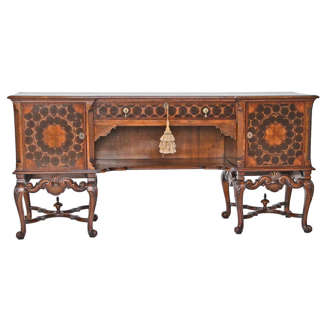Beautiful Late 19th/Early 20th C. English Walnut and Oyster Burl Yew Wood Shape Front Sideboard: Beautiful Late 19th/Early 20th C. English Walnut and Oyster Burl Yew Wood Shape Front Sideboard, Having Shape Top Featuring Oyster Burl Yew Wood Top, Herringbone Inlays, Oyster Burl Borders, One Full