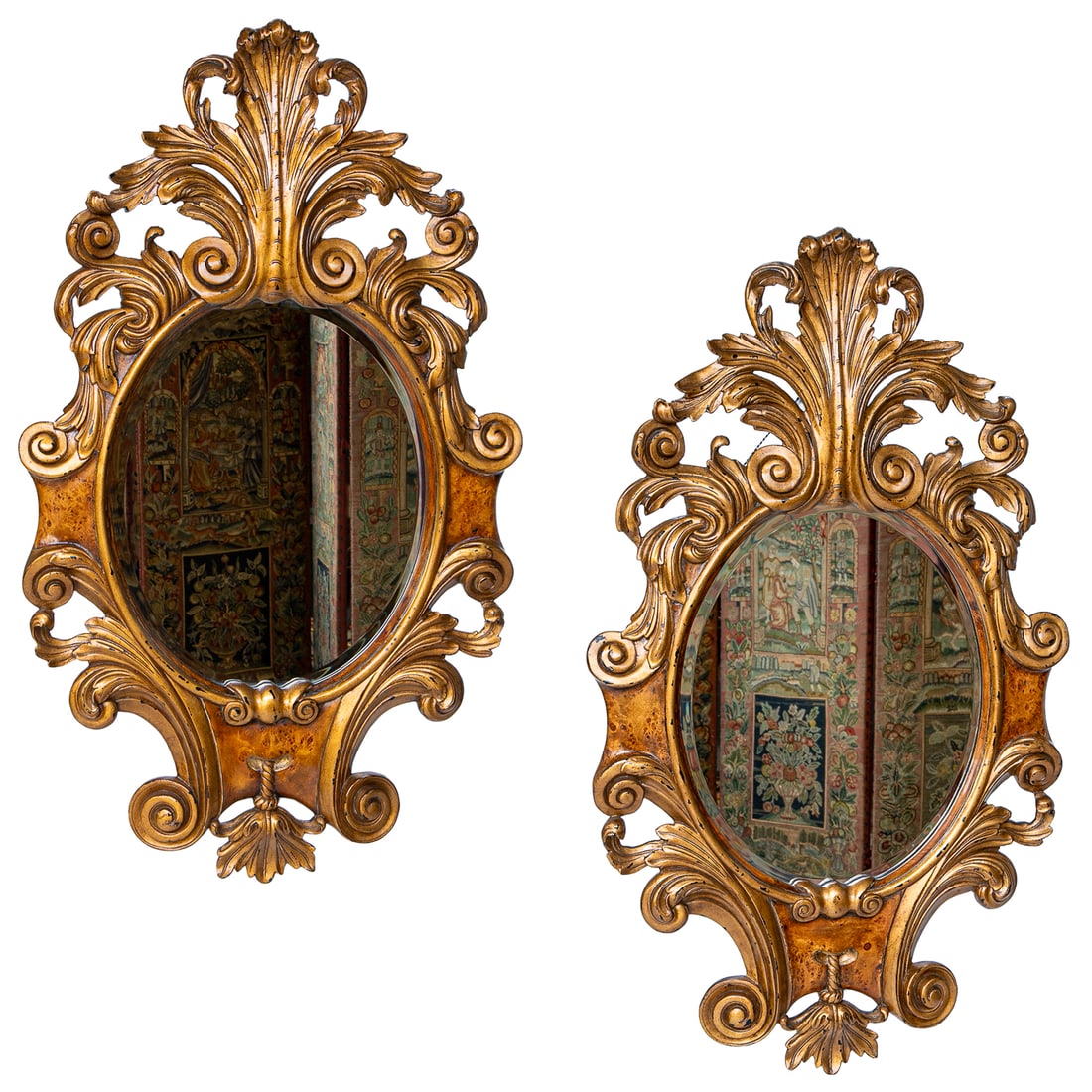 Vintage Burl Wood and Burnished Distressed Gold Leaf Rococo Style Wall Mirrors, Pair (1 of 13)