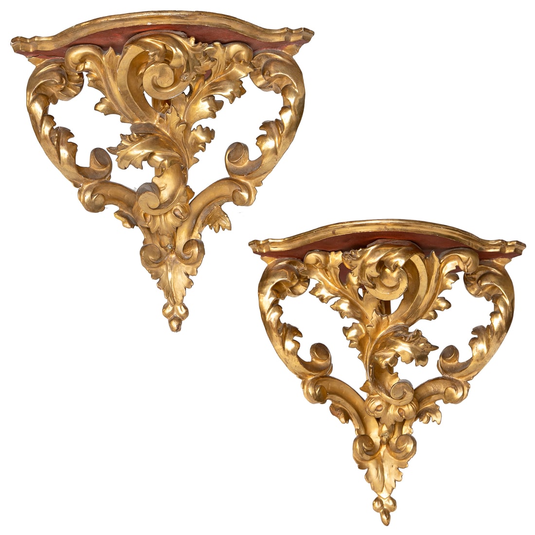 Late 19th C. Carved Gilt Wood Louis XV Style Corner Wall Brackets, Pair: Late 19th C. Carved Gilt Wood Louis XV Style Corner Wall Brackets, Pair, Having Triangular Shaped Top Surface, Shaped Front, Carved Leaf and Scroll Designs, Bottom Ends in Berries. 14.5" High, 15"