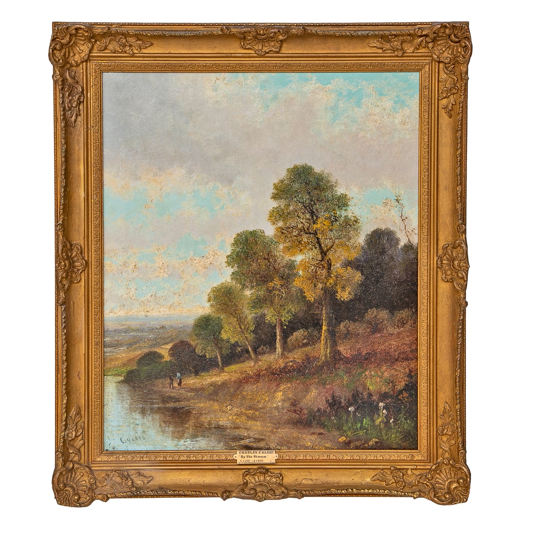 Early 19th C. Landscape Scene, Oil on Canvas, Attributed to Charles A. Barry: Early 19th C. Landscape Scene, Oil on Canvas, Attributed to Charles A. Barry, American School, (1830-1892), Titled "By the Stream", Depicting Two Figures Walking by Stream, Signed Lower Left, Housed