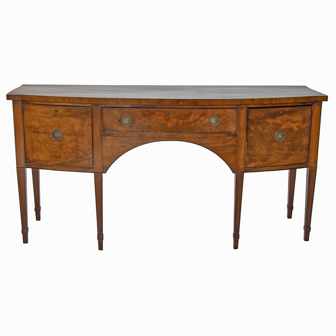 Late 19th C. English Mahogany George III Style Bow Front Sideboard: Late 19th C. English Mahogany George III Style Bow Front Sideboard, Having One Cabinet Door, One Full Drawer, and One Deep Well Drawer, All Having Brass Pulls and Escutcheons, Ebony String Inlay
