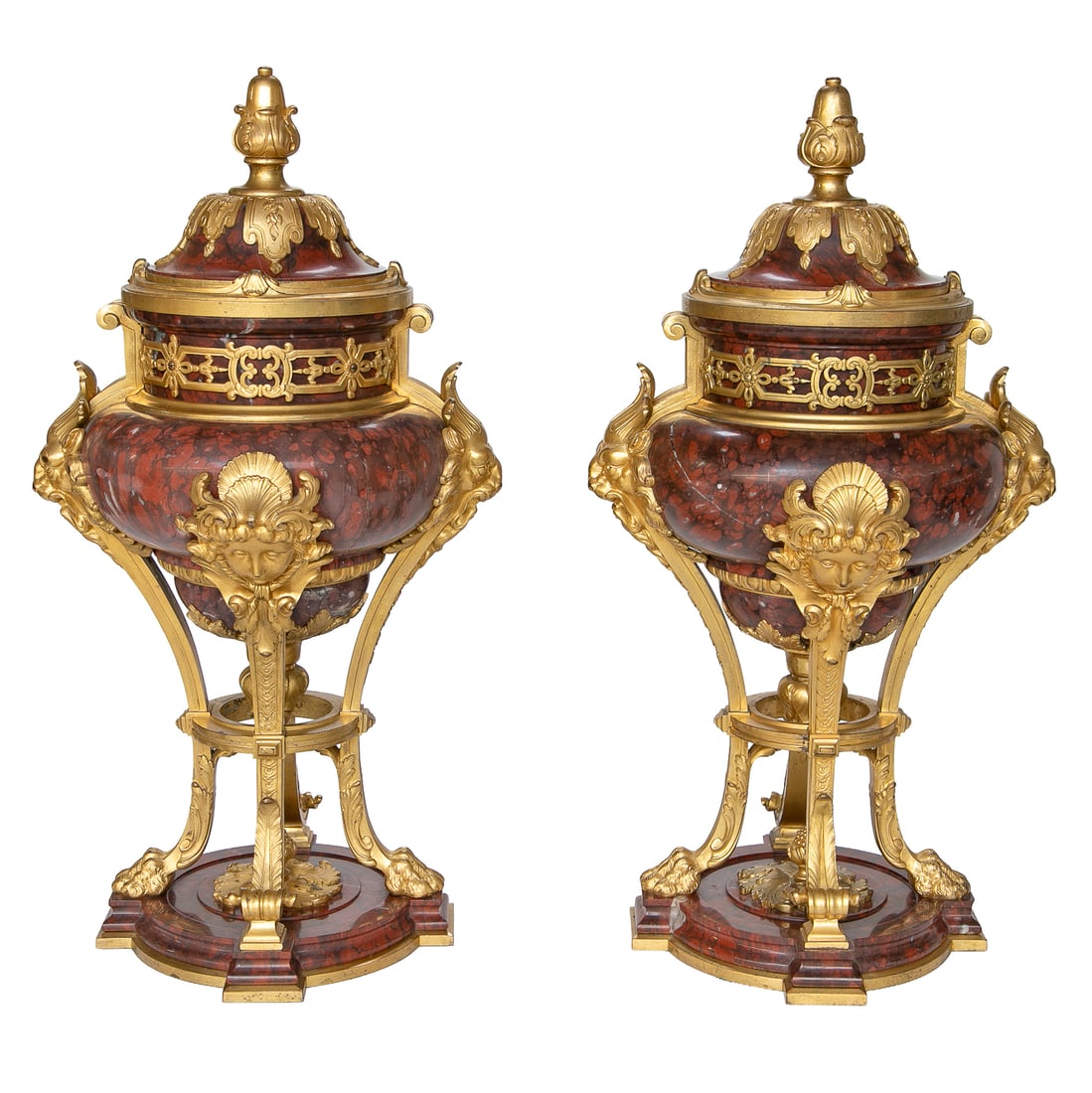 Gorgeous Late 19th C. French Rouge Marble and Ormolu Bronze Cassolettes, Pair (1 of 11)