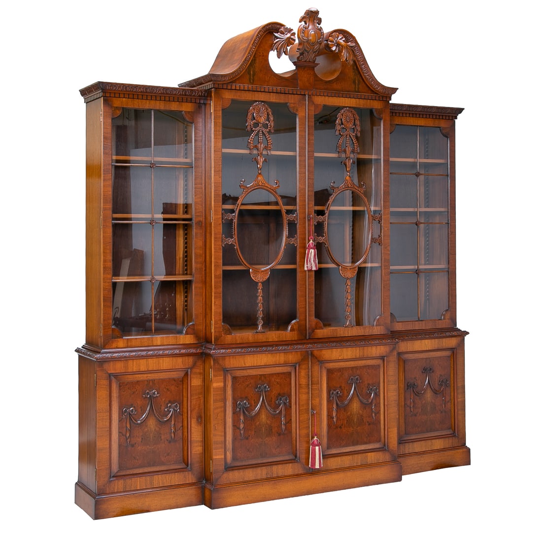 Bench Made Custom English Reproduction Walnut and Burl Walnut Breakfront Bookcase (1 of 8)