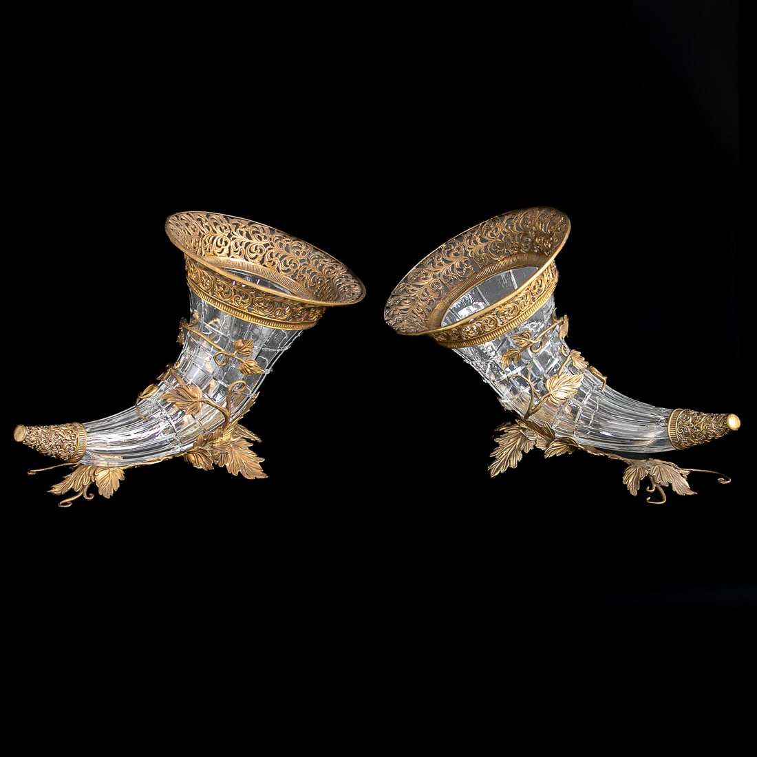 Vintage Castilian Imports Horns of Plenty/Cornucopia Centerpieces, Pair: Vintage Castilian Imports Horns of Plenty/Cornucopia Centerpieces, Pair, Having Pierced Brass Leaf Design Top Edge, Fluted Body Featuring Square Designs, Pierced Brass Leaf Design Bottom, Resting in L