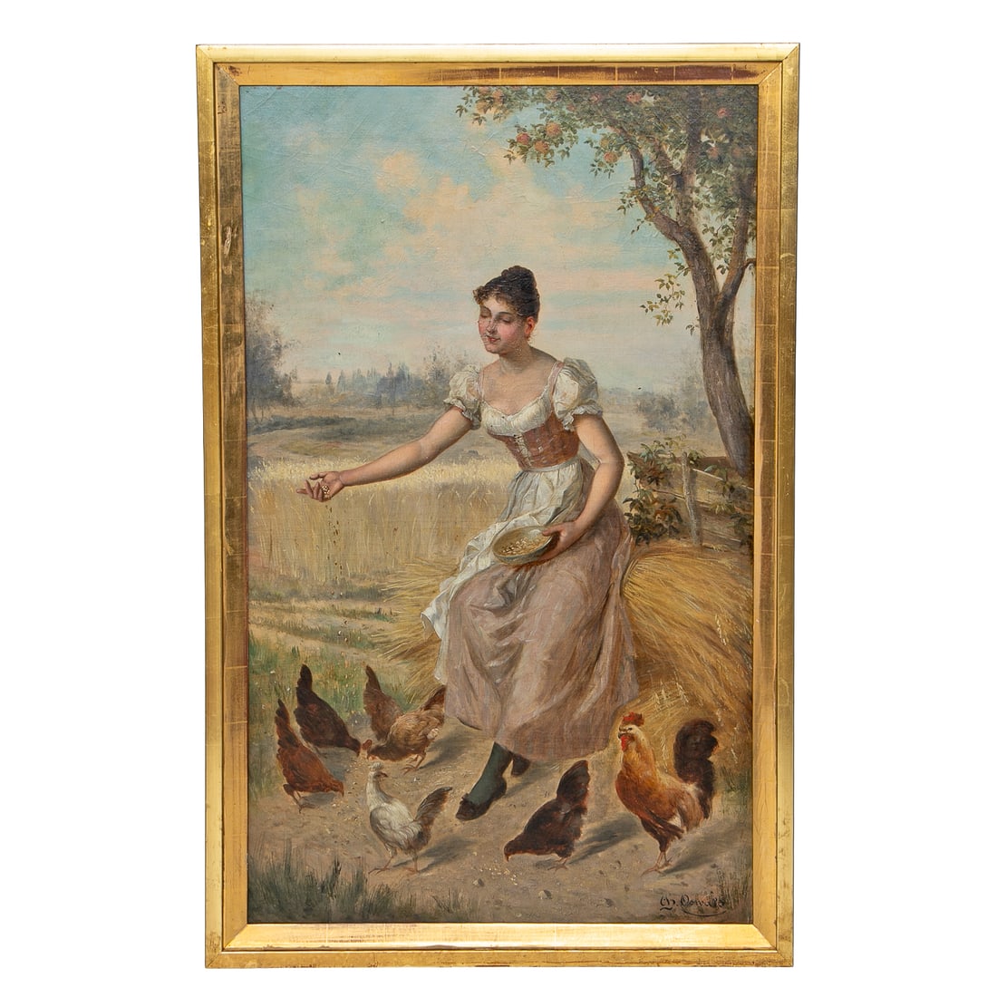 Antique Barnyard Scene, Oil on Artist Board: Antique Barnyard Scene, Oil on Artist Board, Depicting Young Female Seated on Hay Bale Feeding Chickens, Signed Lower Right, Housed in Simple Gold Leaf Frame. 40" High, 25.5" Wide, 1.5" Deep; Board-37
