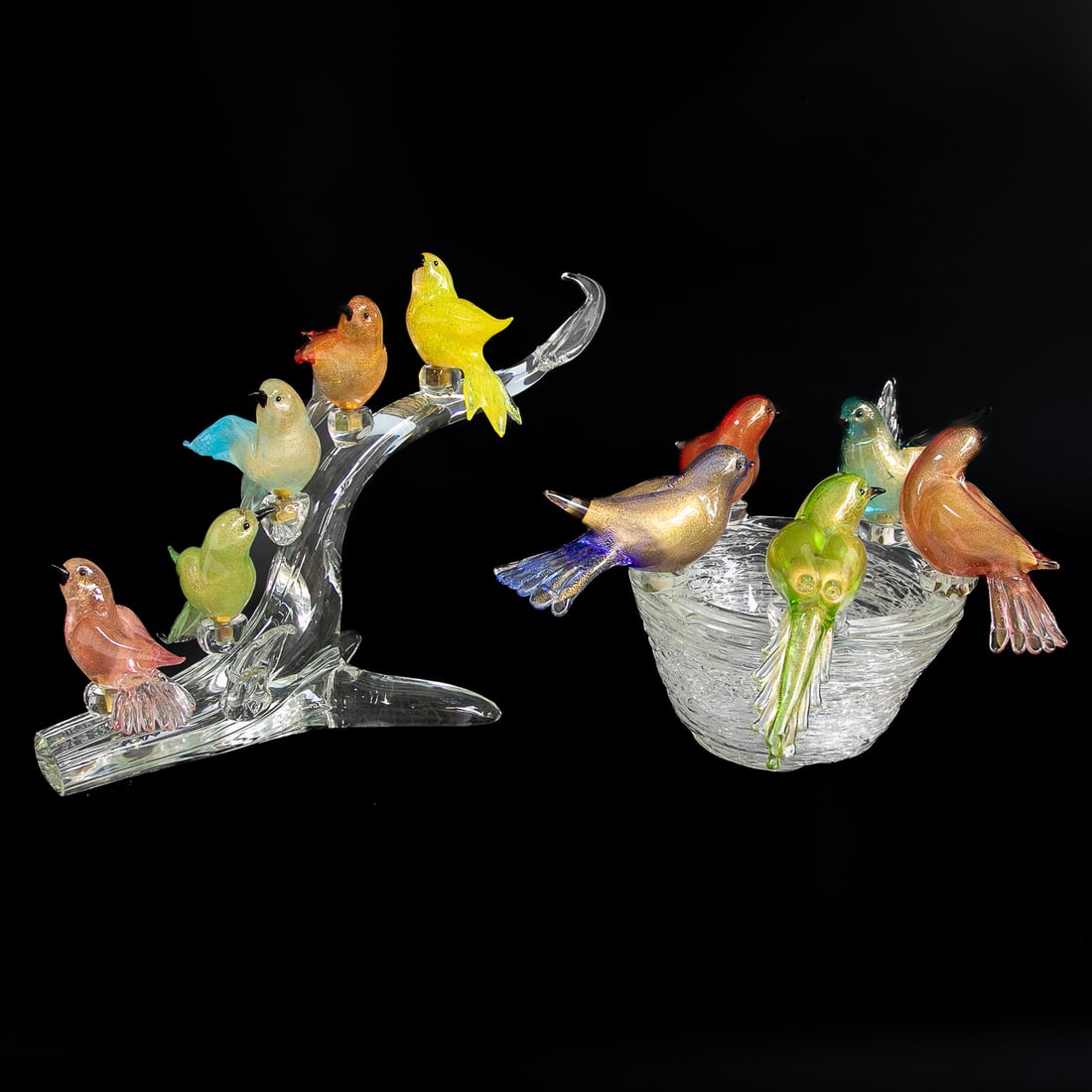 Vintage Italian Venetian Murano Glass Bird Sculptures, Two Total: Vintage Italian Venetian Murano Glass Bird Sculptures, Two Total, Includes One Formia Verti di Murano Glass Bowl Having Glass Nest Style Body Adorned with Five Various Color Sparrows That Are Detachab