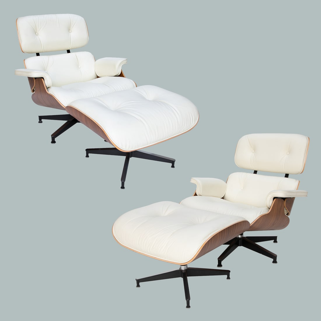 Herman Miller Eames Chair and Ottoman, Pair: Herman Miller Eames Chair and Ottoman, Pair, Having Walnut Finish Wood Carcass, Ivory Tufted Leather Back, Seat and Manchettes as Well as Ottoman Cushion, Also Having Five Leg Metal Base on Chair and