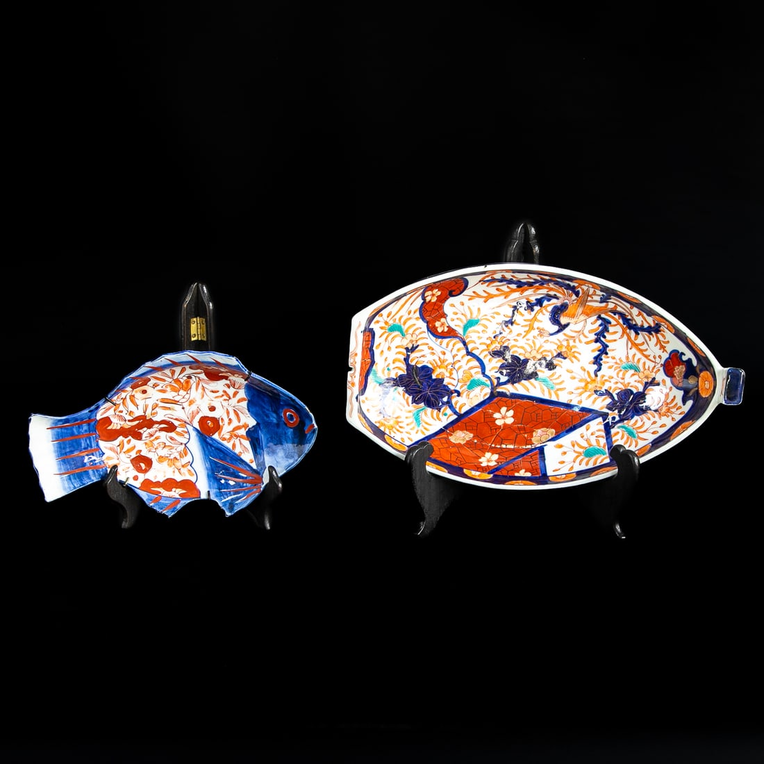 Late 19th C. Japanese Imari Shaped Dishes, Two Total: Late 19th C. Japanese Imari Shaped Dishes, Two Total, Includes One Boat Shape Dish Featuring Cobalt and Bittersweet Interior Border, Floral Designs and One Geometric Design Panel, Exterior Features Co