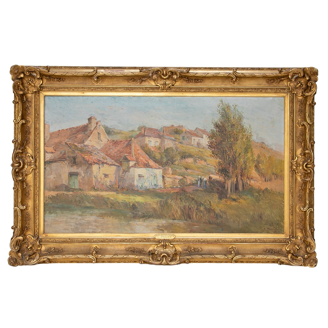 Antique Georges Deloy (French, 1856-1930) Landscape Scene, Oil on Canvas: Antique Georges Deloy (French, 1856-1930) Landscape Scene, Oil on Canvas, Vielles Maisons a Semur, Depicting Cottages and Two Female Villagers, Signed Lower Right, Brass Artist Plaque, Original Nancy