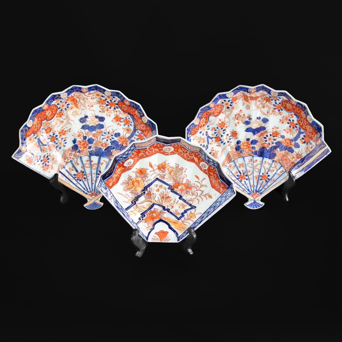 Late 19th C. Japanese Imari Fan Shaped Dishes, Three Total: Late 19th C. Japanese Imari Fan Shaped Dishes, Three Total, Includes Pair of Fan Shape Dishes Featuring Bittersweet, Cobalt Blue and Gold Floral Designs, 1.75" High, 11.25" Wide, 9" Deep; Along with