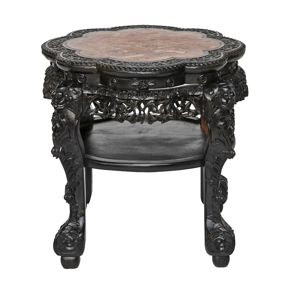 Late 19th C. Chinese Carved Teak Wood Marble Top Plant Stand: Late 19th C. Chinese Carved Teak Wood Marble Top Plant Stand, Having Shaped Rouge Marble Inset Top, Carved Floral Outer Border, Heavily Carved Pierced Apron, Lower Support Shelf, Resting on Floral
