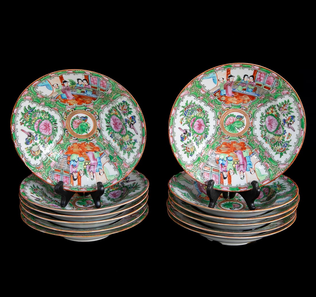 Late 19th C. Chinese Export Rose Medallion Cream Soup Bowls, Twelve Total: Late 19th C. Chinese Export Rose Medallion Cream Soup Bowls, Twelve Total, Having Bird and Floral Centers, Gold Band, Alternating Panels of Floral, Bird and Butterflies with Figural Village Scene