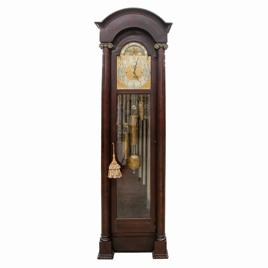 Vintage Waltham Clock Company Tubular Grandfather Clock: Vintage Waltham Clock Company Tubular Grandfather Clock, Having Smith Patterson Company Hand Painted Moon Phase Face, Brass and Polished Metal Dial Featuring Gilt Numbers, Center Features Seconds