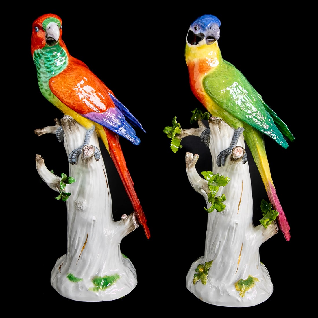 Late 19th C. German Meissen Porcelain Parrots, Pair: Late 19th C. German Meissen Porcelain Parrots, Pair, One Having Blue Head, Green Body, Orange Breast, One Having Red Head, Red Body, Green Breast, Both Perched on White Tree Form Bases, Marked on
