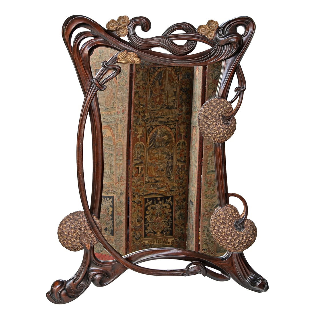 Antique French Art Nouveau Carved Mahogany and Gilt Wall Mirror: Antique French Art Nouveau Carved Mahogany and Gilt Wall Mirror, Having Pierced Scroll Designs, Gilt Flowers Clusters at Top, Gilt Tulip Flower on Sides, Resting on Curved Feet. 47" High, 39" Wide,