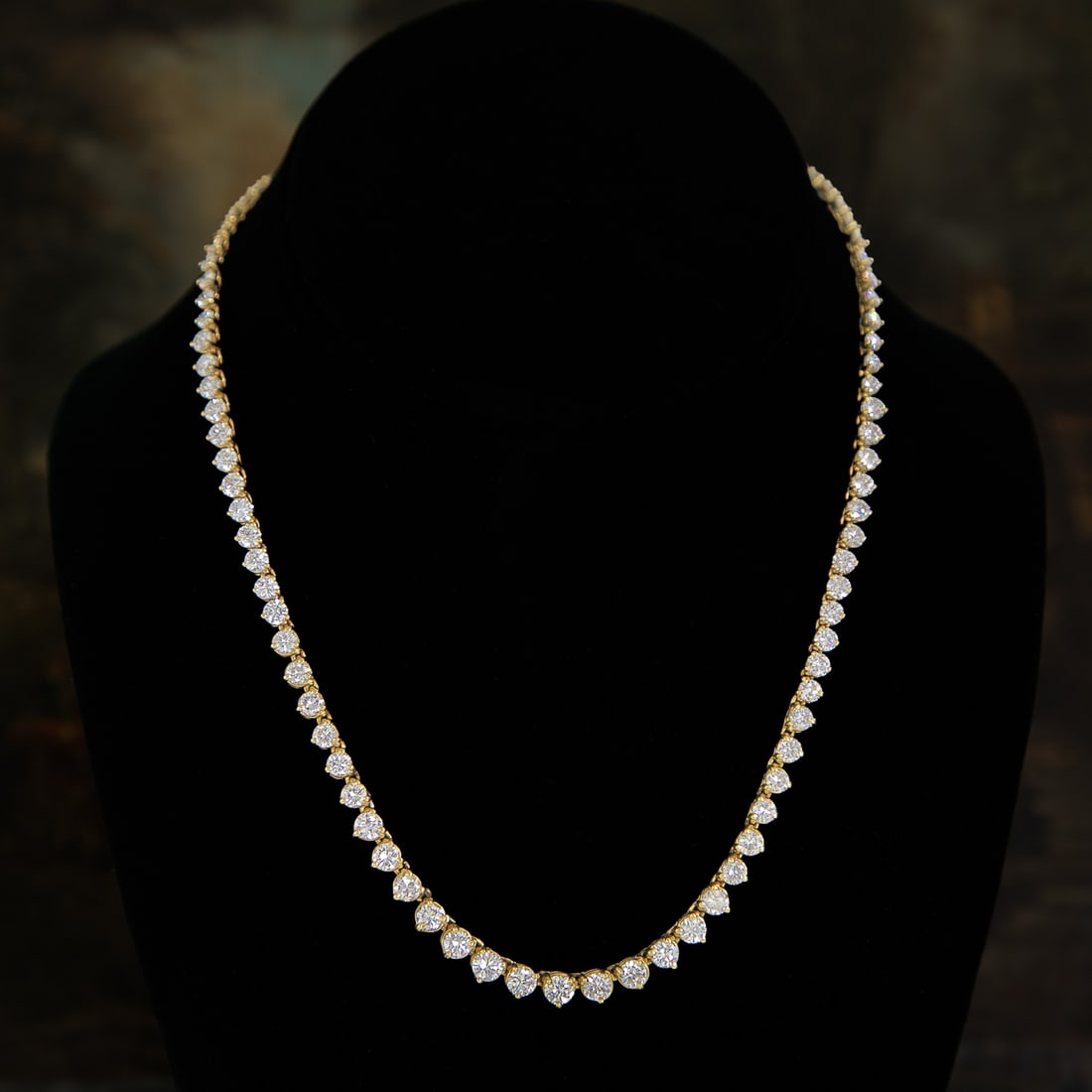 16.5 Inch 18K Yellow Gold Natural Diamond Riviera Necklace: 16.5 Inch 18K Yellow Gold Natural Diamond Riviera Necklace, Consisting of Ninety-Seven (97) Natural Round Brilliant-Cut Diamonds Weighing 13.25 Carats. Diamonds are G in Color and VS in Clarity.