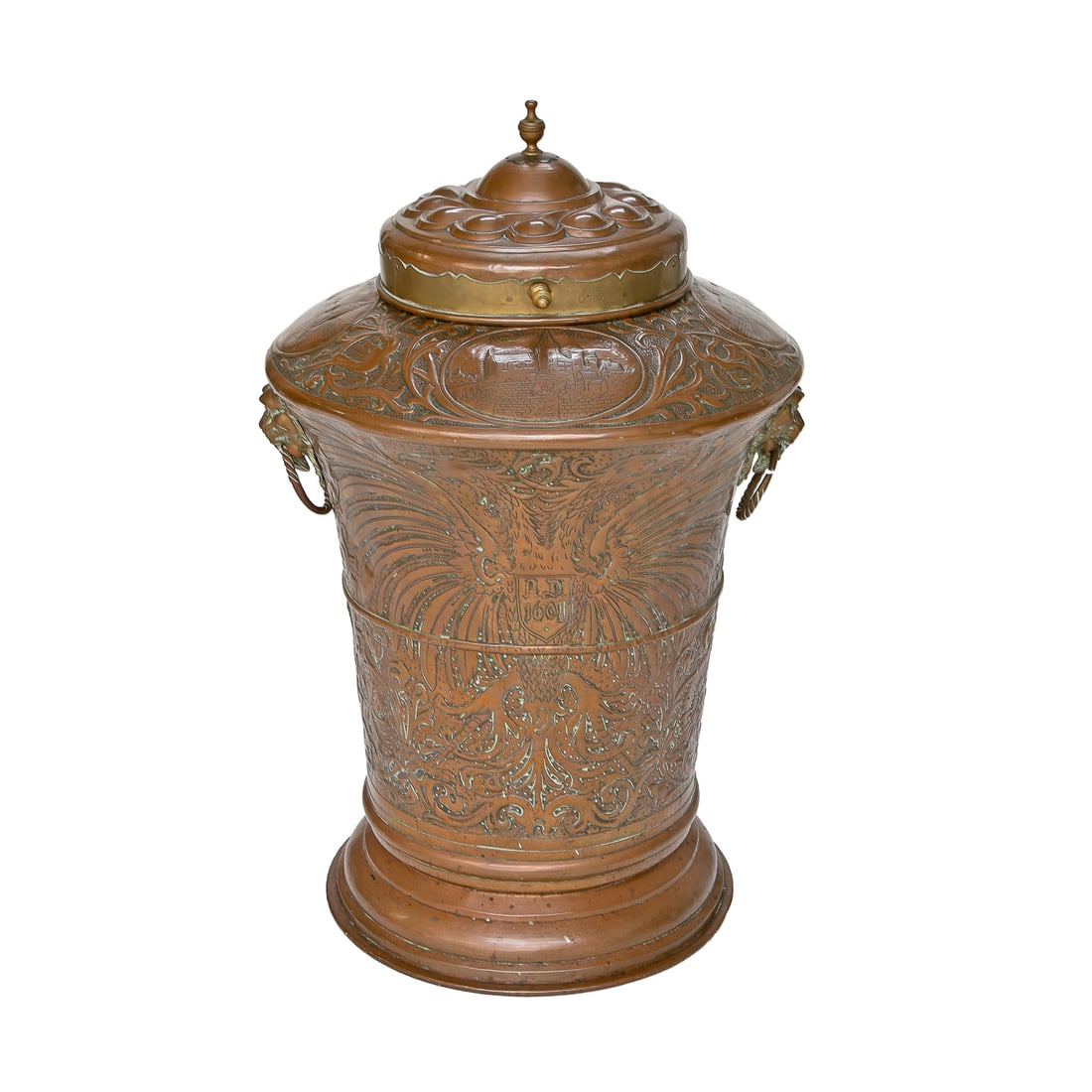 Vintage German Hammered Copper Coal Hod: Vintage German Hammered Copper Coal Hod, Having Brass Finial and Handle, Floral Design Hinged Lid, Top Feature Various Famous German Sites, Lion Mask Ring Pulls, Floral, Leaf and Scroll Decorated